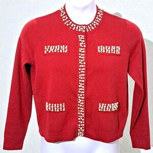 Adrianna Papell Medium (8-10) Red Crew Neck Pearl & Stone Cardigan Sweater NWT